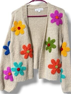Threaded Lead size small 3D floral knit handmade open front cardigan sweater